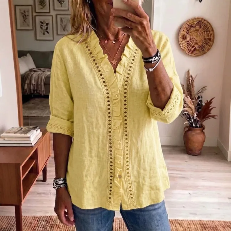 

Womens Casual Loose Ruffle Trim V Neck Blouse Long Sleeve Hollow Out Linen Shirt Spring Summer Fashion Top