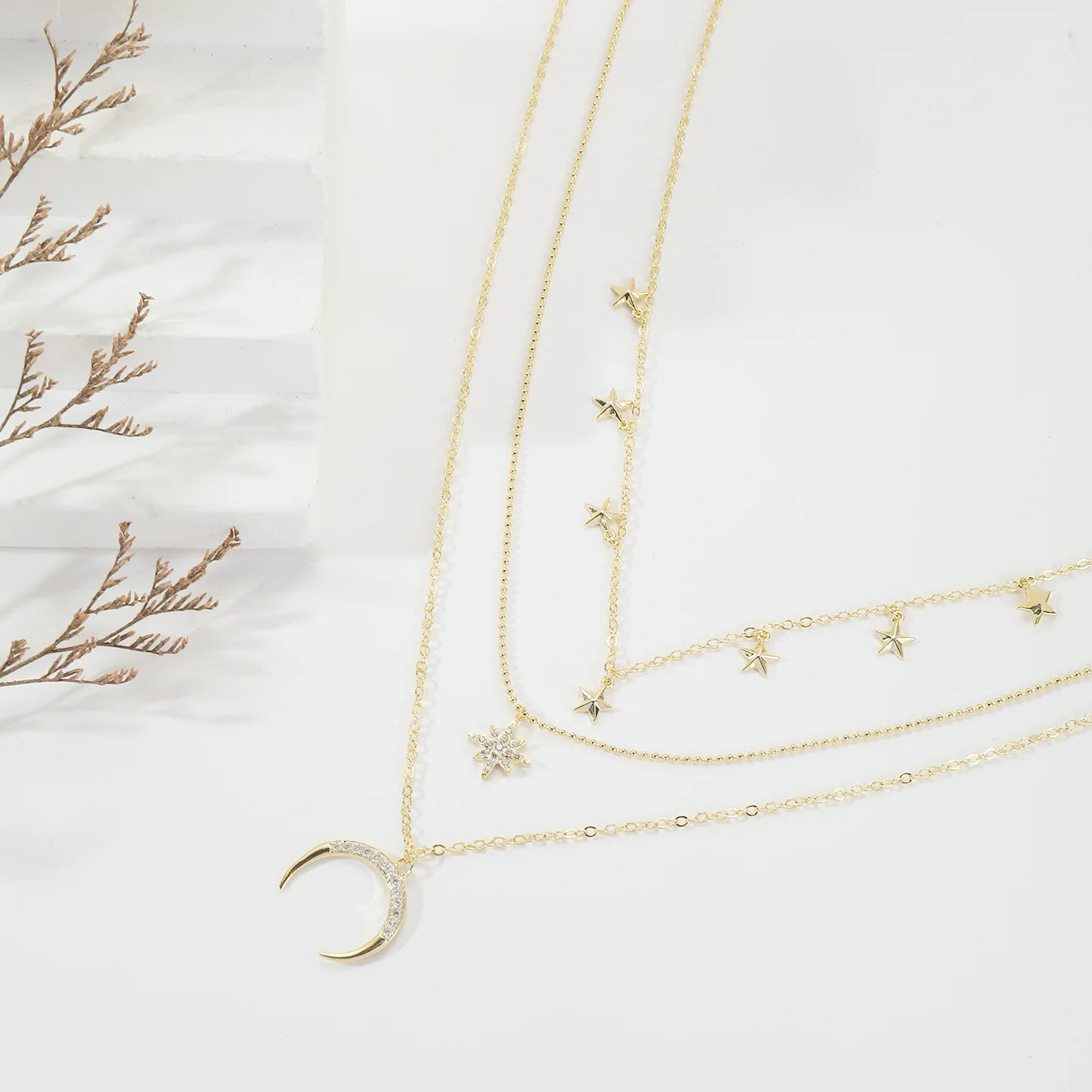 New Shiny stars moon water drops Necklace Ladies Exquisite third floor Layer Clavicle Chain Necklace Jewelry for Ladies Gift