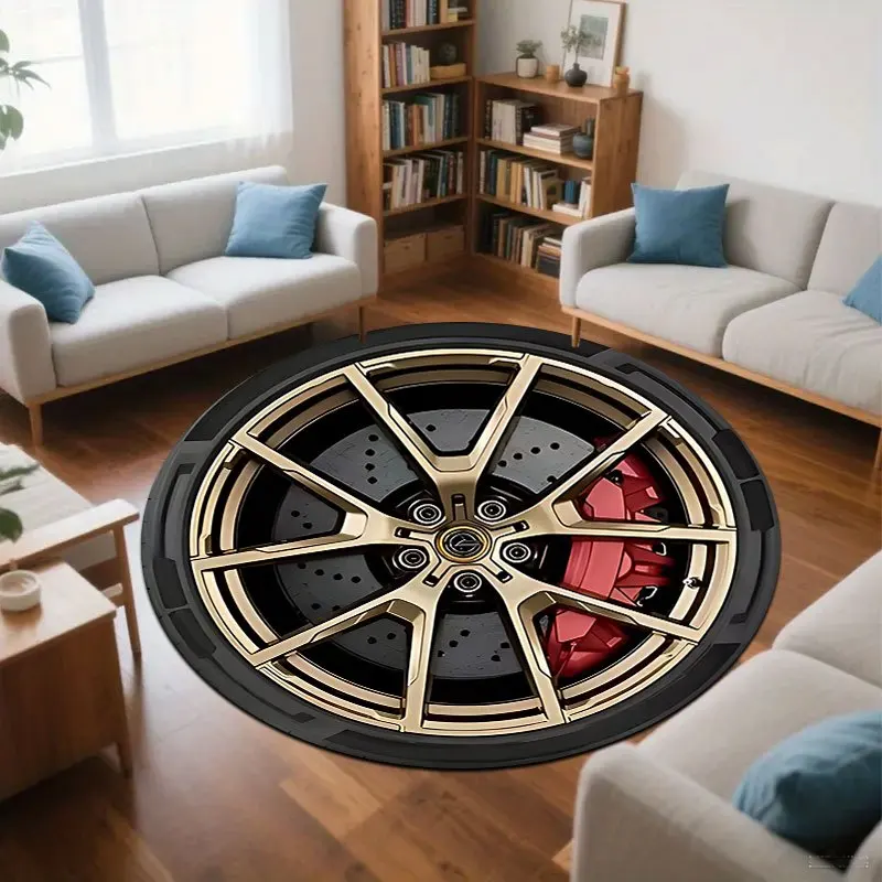 Creative black tire design Flannel-printed round floor mats are slip-resistant Suitable for room bedroom terrace garden carpets