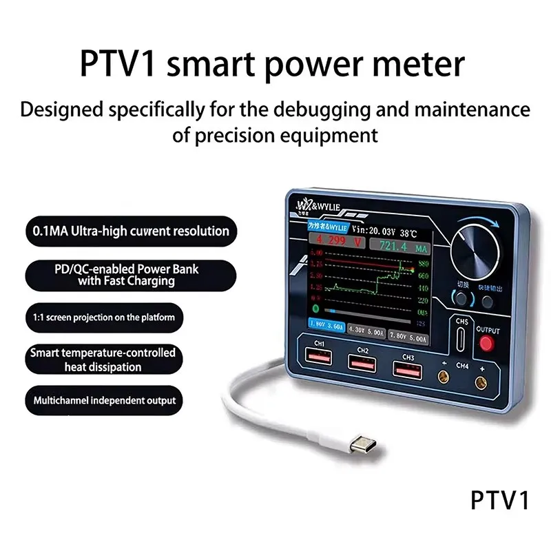 WYLIE PTV1 0.1mA Resolution Smart Power Meter Multi-Channel Independent Output PD/QC Tester for Precision Equipment Repair