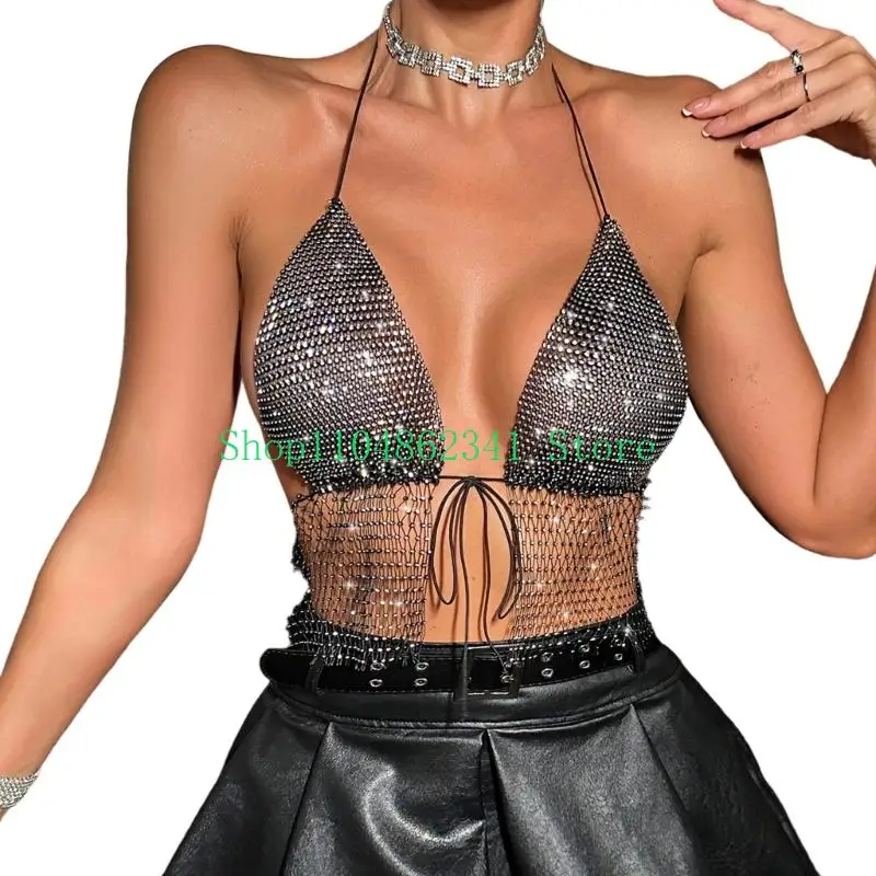 

Women Shines Rhinestones Tank Top Fishnet Mesh Bra Crop Top Shirt Night Club Party Rave Outfits See Through Camisole Top