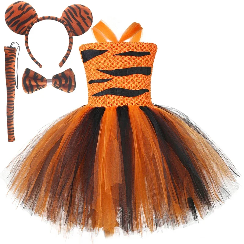 Baby Girls Tiger Halloween Costumes for Kids Jungle Animal Cosplay Dresses for Birthday Carnival Party Outfit with Ears Tail@0Z*