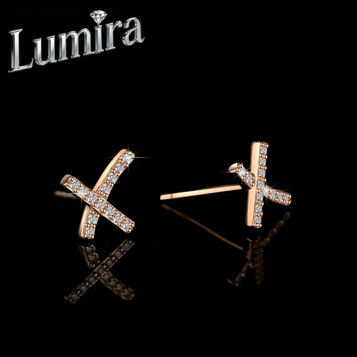 Lumira 18K Rose Gold Women's Cross Stud Earrings Elegant and Minimalist Wedding Gift with Moissanite Stone
