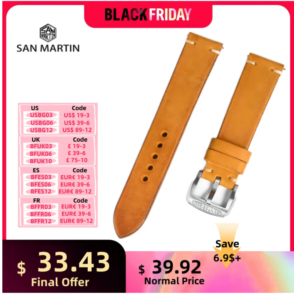 San Martin Quick Release Watch Band Italy Pubelo Frosted Leather Strap 20mm 22mm Watchband Retro Pin Buckle Simple Fashion 스트랩