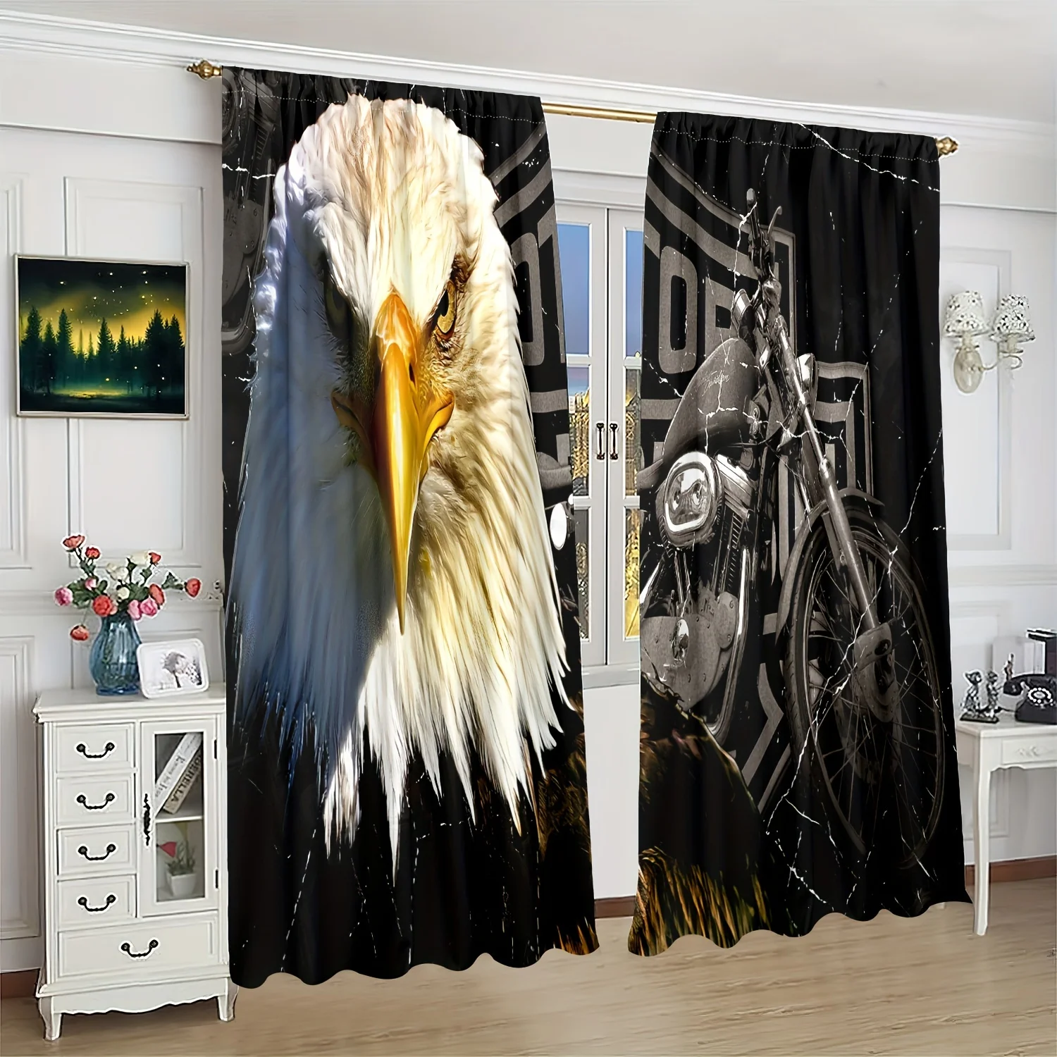 2 pieces - Eagle ➕ motorcycle printed curtain - polyester material - suitable for bedroom living room study room privacy curtain