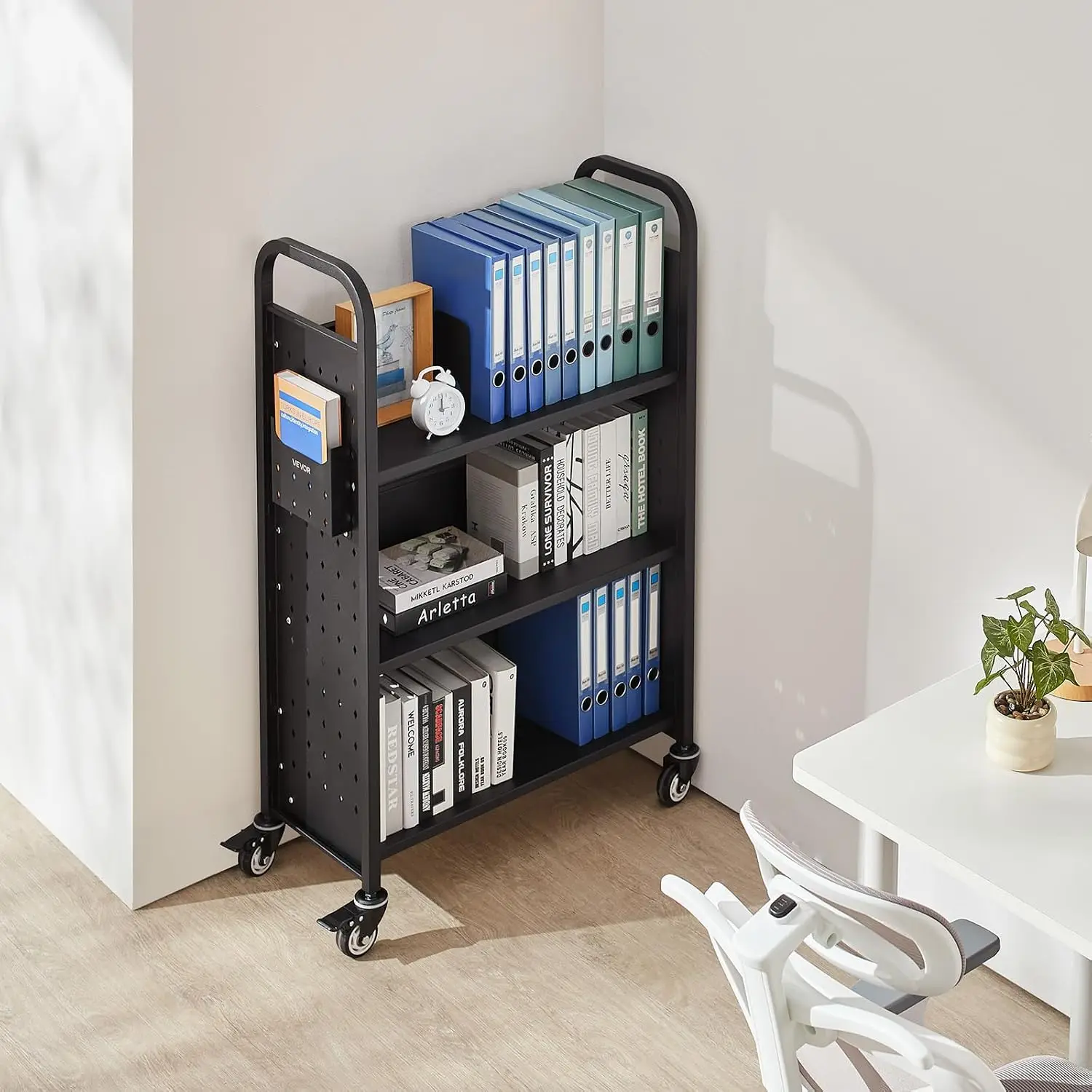 Rolling Library Book Cart, 330 lbs Capacity, 30.3 x 15 x 48.0-Inch Library Cart, Single Sided L-Shaped Shelves with 3-Inch Locka
