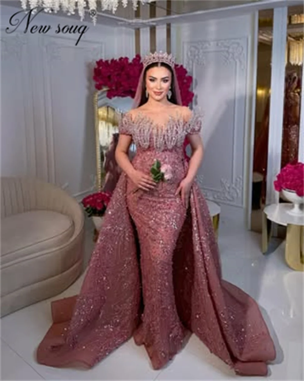 Rosa Abendkleider mit Perlenstickerei, maßgeschneidert, schulterfrei, Kristalle, Verlobungskleid, arabisches Dubai-Hochzeitskleid, abnehmbarer Rock