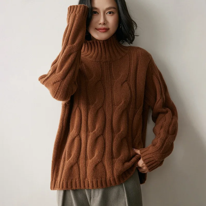 100% cashmere women's sweater casual solid color knitted pullover High-necked Blouse thick warm Tops twist Jumper fashion