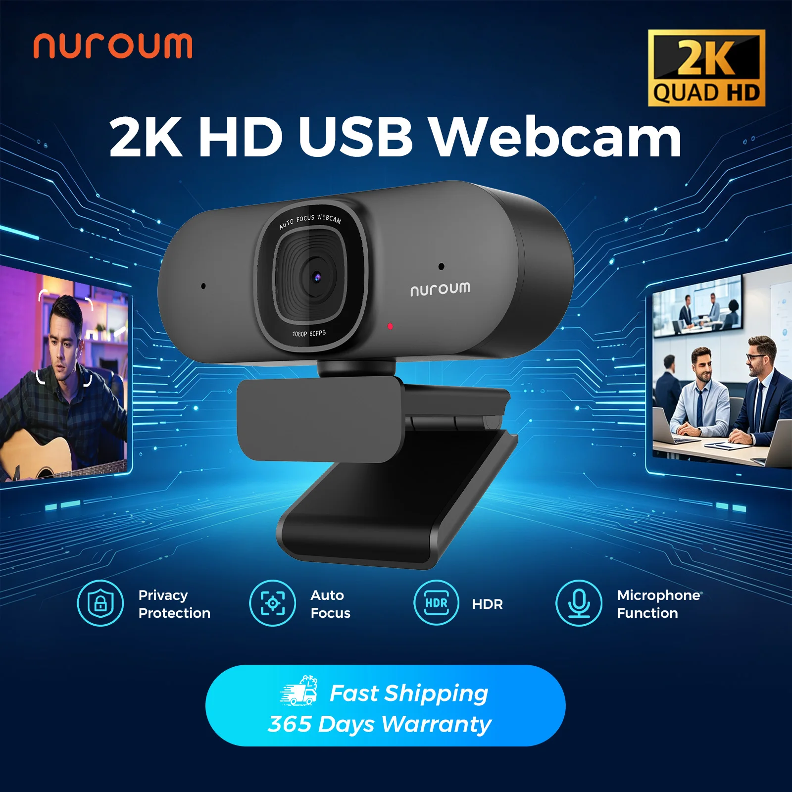 NUROUM V15AF Graue 2K UHD Webcam mit zwei geräuschunterdrückenden Mikrofonen, 4MP Autofokus-Computerkamera 1080P@60FPS 75 °   Weitwinkel, One-Touch-Kamera-Stummschaltung & Mikrofon-Stummschaltung, USB