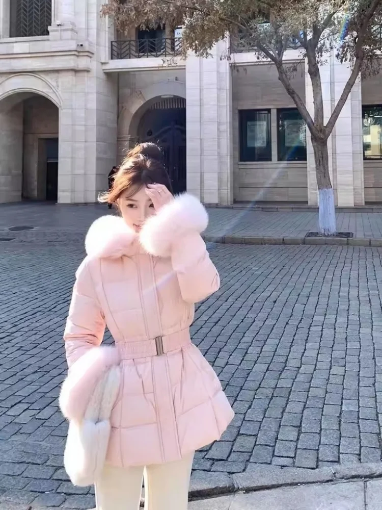 Chic Women's Cotton Padded Jackt with Large Fur Collar Waist-Cinching Mid-Length Parkas Korean Trendy Warm  Commute Outerwear