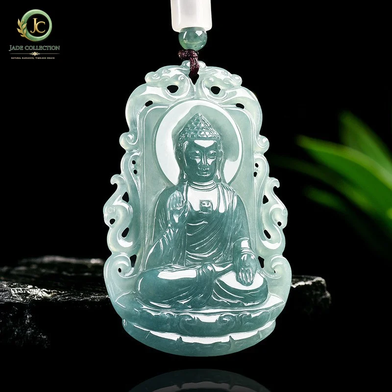 NaturalAJadeite blue water Amitabha Buddha jadeite waxy ice seed pendant, zodiac dog and pig guardian deities, natal Buddha