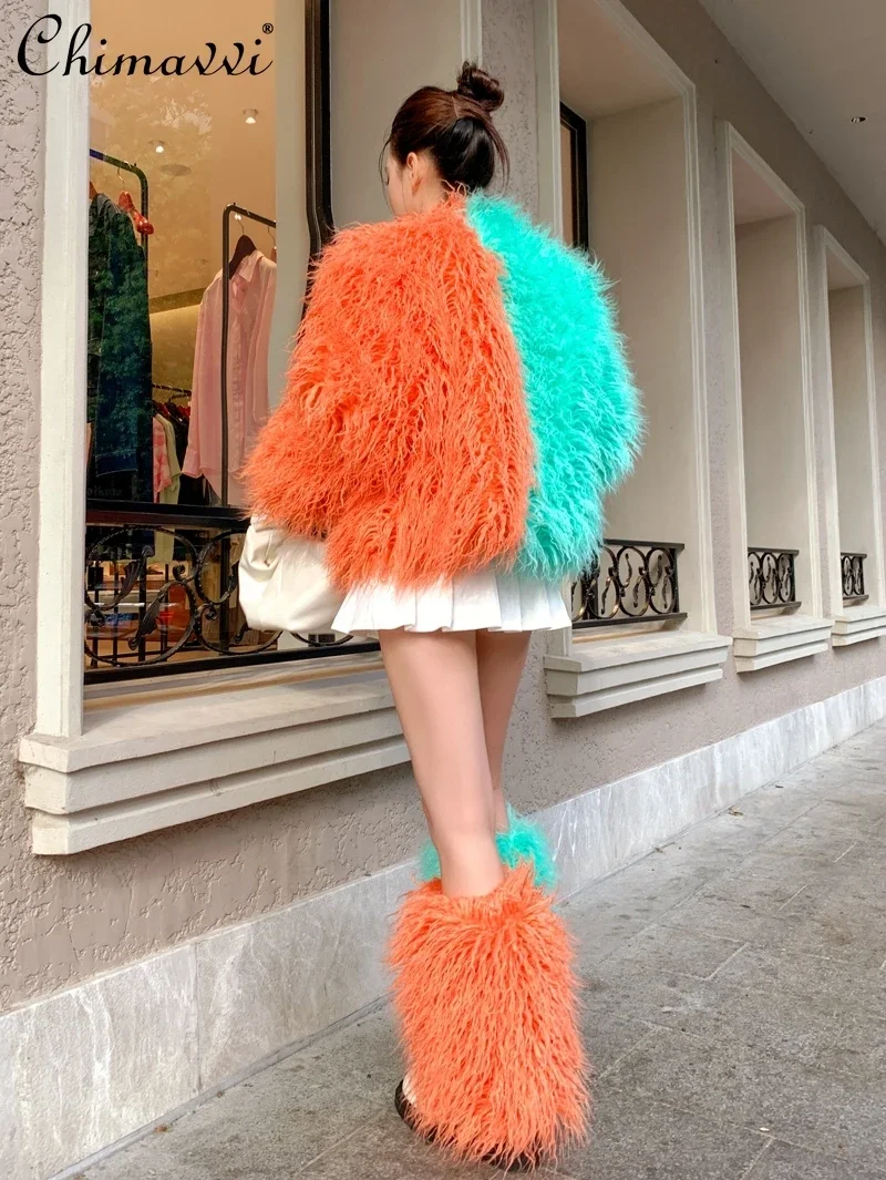 Autumn Winter New High-end Fashion Contrasting Color Fur Coat Women\'s Imitation Mongolia Sheep Fur Short Color Elegant Jackets