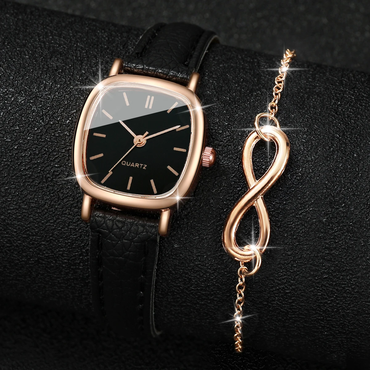 4pcs/Set Fashion Square Women\'s Watch Leather Band Student Academy Style Quartz Watch Bracelet Set