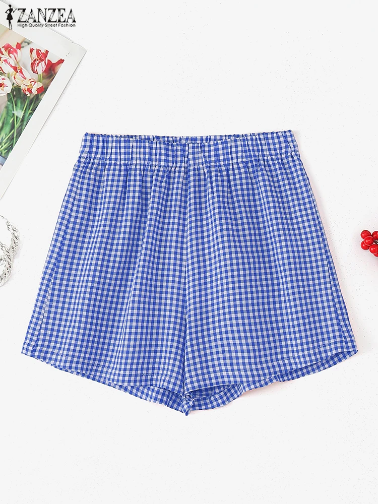 ZANZEA Pantaloncini scozzesi Donna Casual Pantaloni estivi larghi 2025 Abbigliamento da spiaggia alla moda Tasche in vita elastiche larghe Pantaloni corti oversize