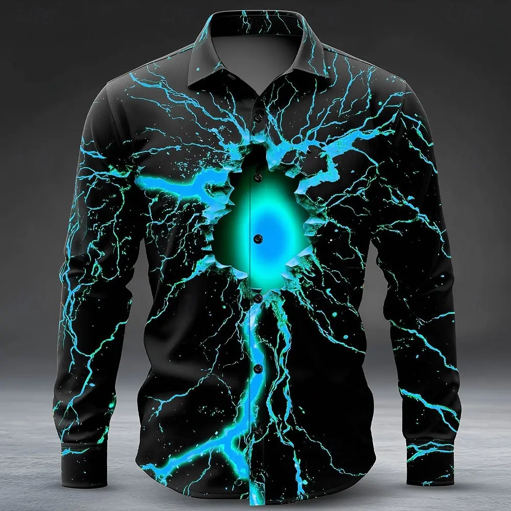 Halloween Costumes Men's Optical Illusion Lightning Shirts Button Up Shirts Long Sleeve Casual Outdoor 3D Print Collared Shirt