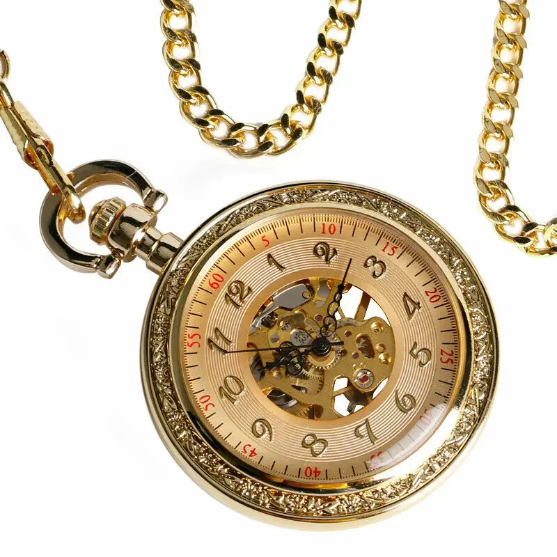 Golden Tone Case Men Retro Mechanical Hand Wind Pocket Watch Chain Luxury Gold Hollow Dial Open Face