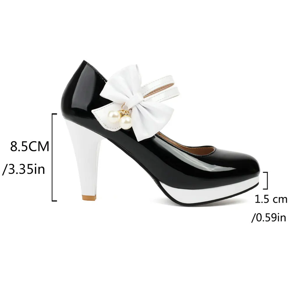 Donna Chic Mary Jane scarpe da donna in pelle verniciata tacco alto cinturino alla caviglia dolce décolleté con gancio ad anello tacchi con fiocco