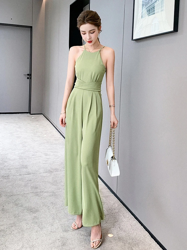 New Fashion Summer One Piece Jumpsuit Elegant Office Women Casual Sexy Strap Sleeveless Party Wide Leg Loose Long Rompers Street