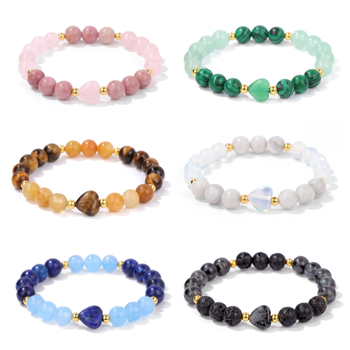 سوار خرز من الأحجار الكريمة مقاس 8 مم من Green Aventurine مع حلية قلب 10 مم، تمتد مرن روحي للنساء والرجال شقرا الشفاء #6