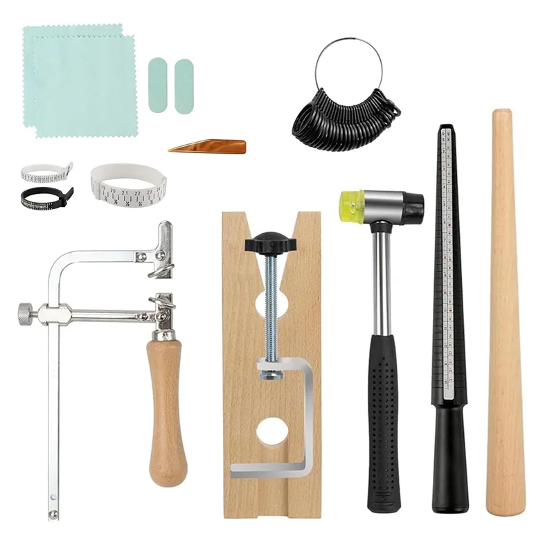 

M-Modern-Набор инструментов для изготовления колец, пластиковый размер колец, резиновый молоток, пила, полировальная ткань, деревянная палочка, инструменты для изготовления колец