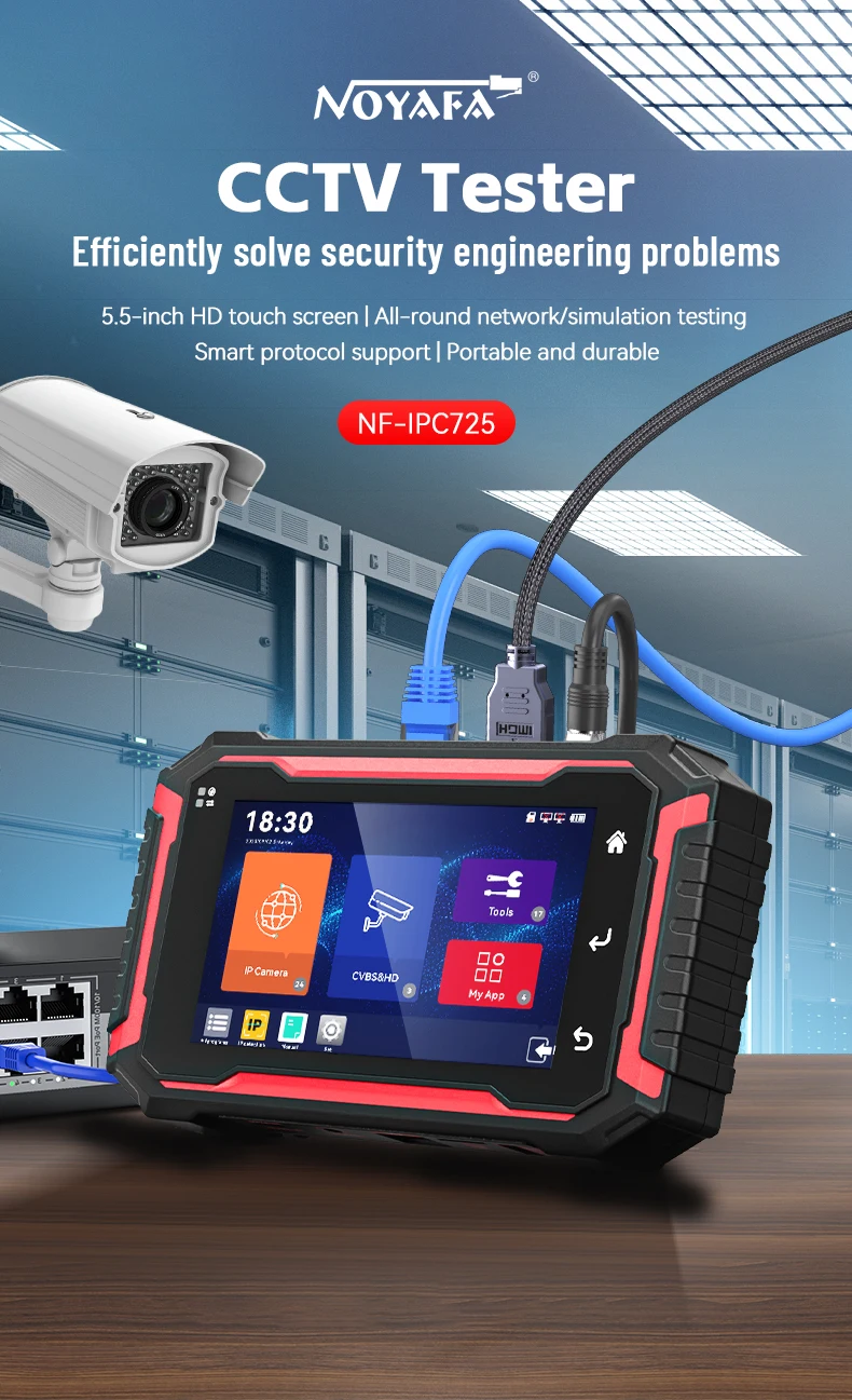 NOYAFA IPC725-1CCTV Netzwerkkabeltester mit HD-Touchscreen-Monitor für PoE, VFL, OPM, TDR, Pegelmessgerät, IP-Such- und Scanfunktion, Kabelverfolgung – Detail 1