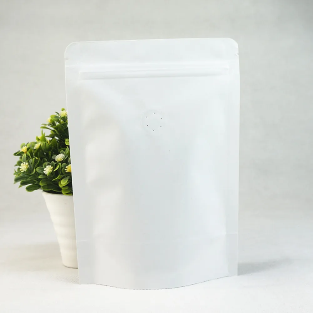 White Vent Valve Bag 50pcs Standing Up Kraft Paper Ziplock Bags with One-way-valve, Inner Foil Self-sealing Coffee Packing Pouch