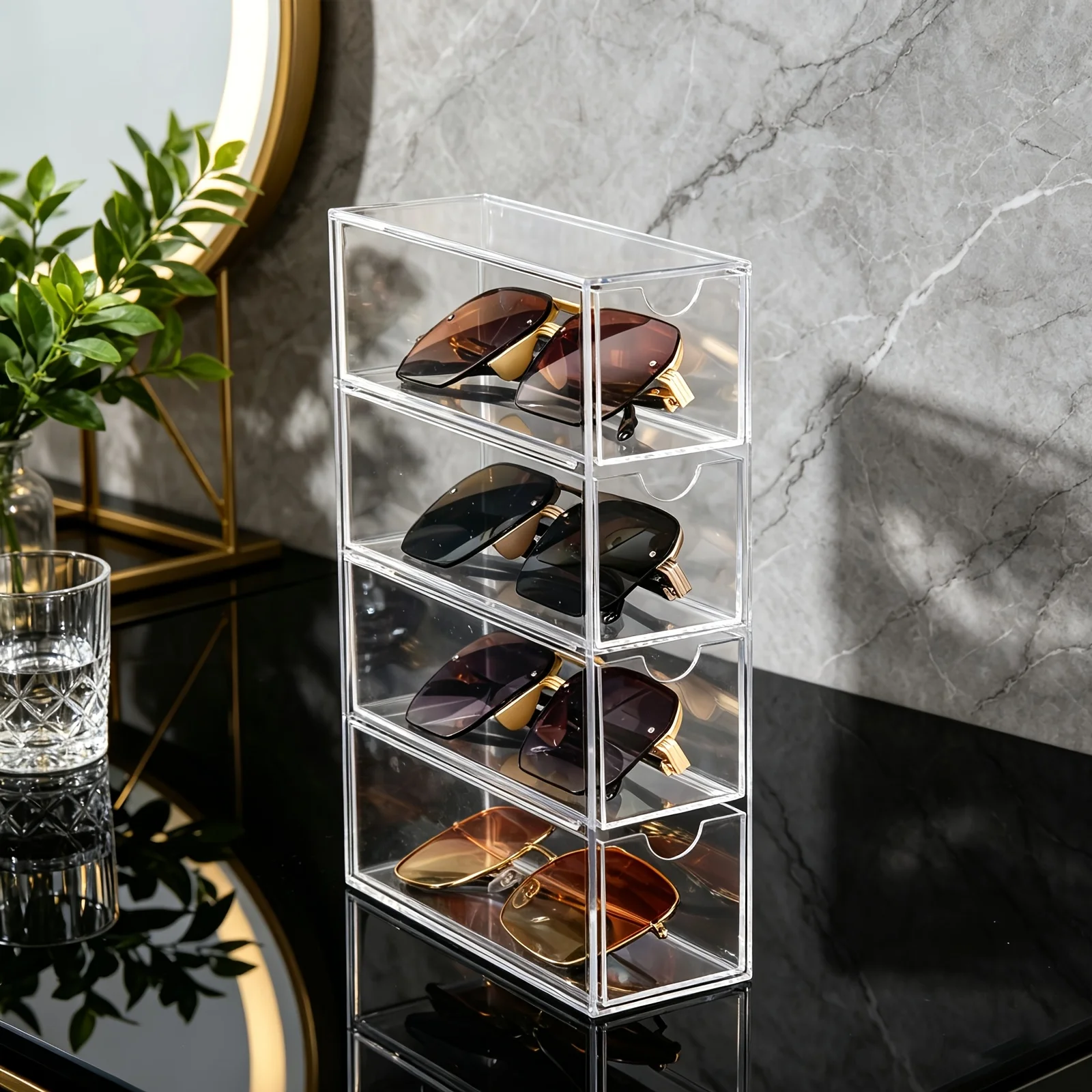 Sunglass Storage Box Desk Eyeglass Organizer Make-up Storage Drawer Tray Jewelry 4-Layer Transparent Visual Sunglasses Case