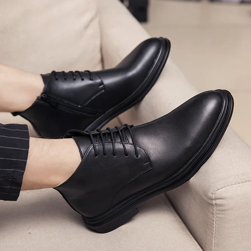 Men Round-toe Low-heel Leather Ankle Boots With Lace-up Design And Side Zipper For Business