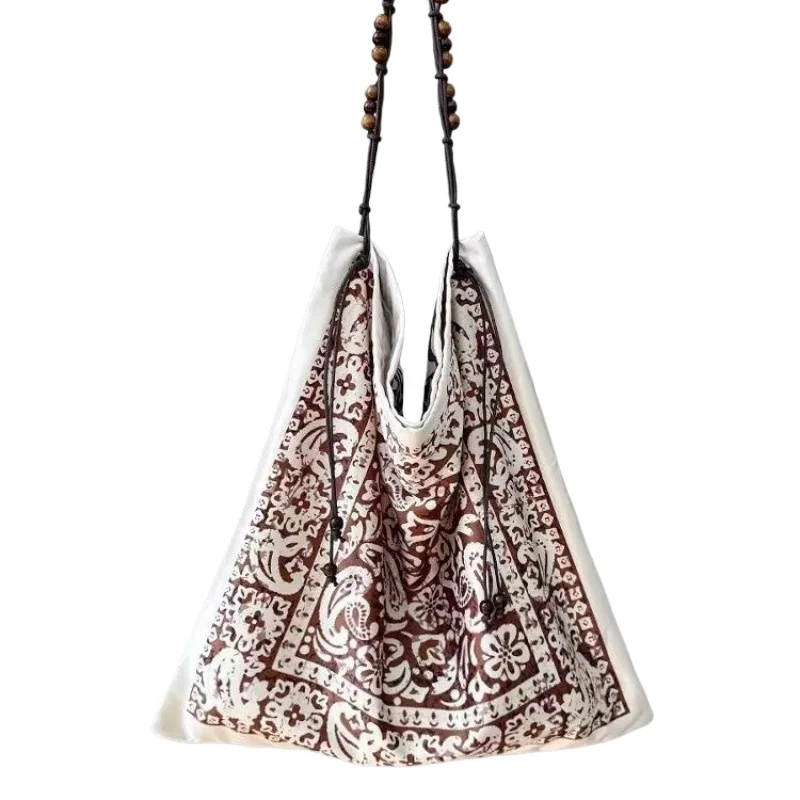 

Women's Large Capacity Shoulder Tote Bag Elegant French Art Print Double Sided Beaded Work Commute Daily