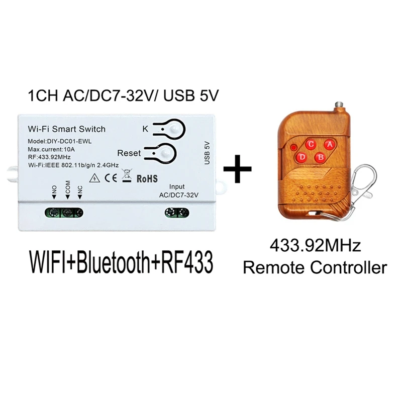 Interruptor inteligente Wifi Ewelink, temporizador DIY + control remoto RF433, 1 canal, 7-32V, 2,4G, módulo de automatización del hogar Wifi para Alexa, Google Home, fácil instalación