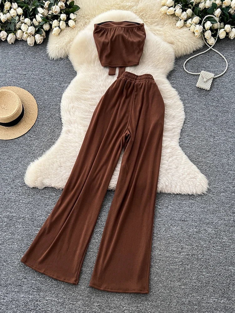 Set Celana Panjang High Waist Wide Leg Wanita dengan Atasan Bandeau Svel dan Rompi Kasual Berikat Model Drapey untuk Musim Panas