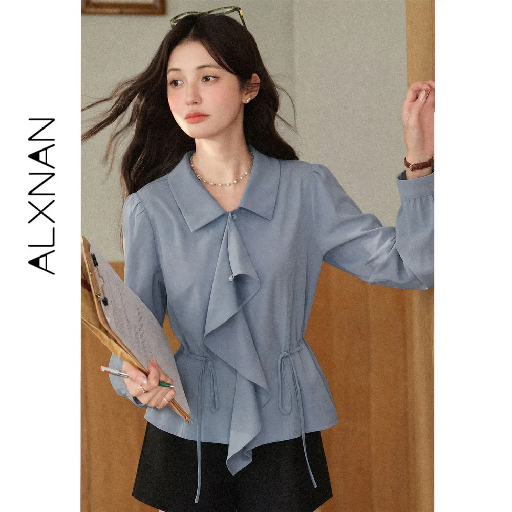 ALXNAN Blue Ruffle Shirt Autumn New Irregular Hem Elegant Women's Blouse 2026 Fashion Casual Long Sleeve Top Female L680162A