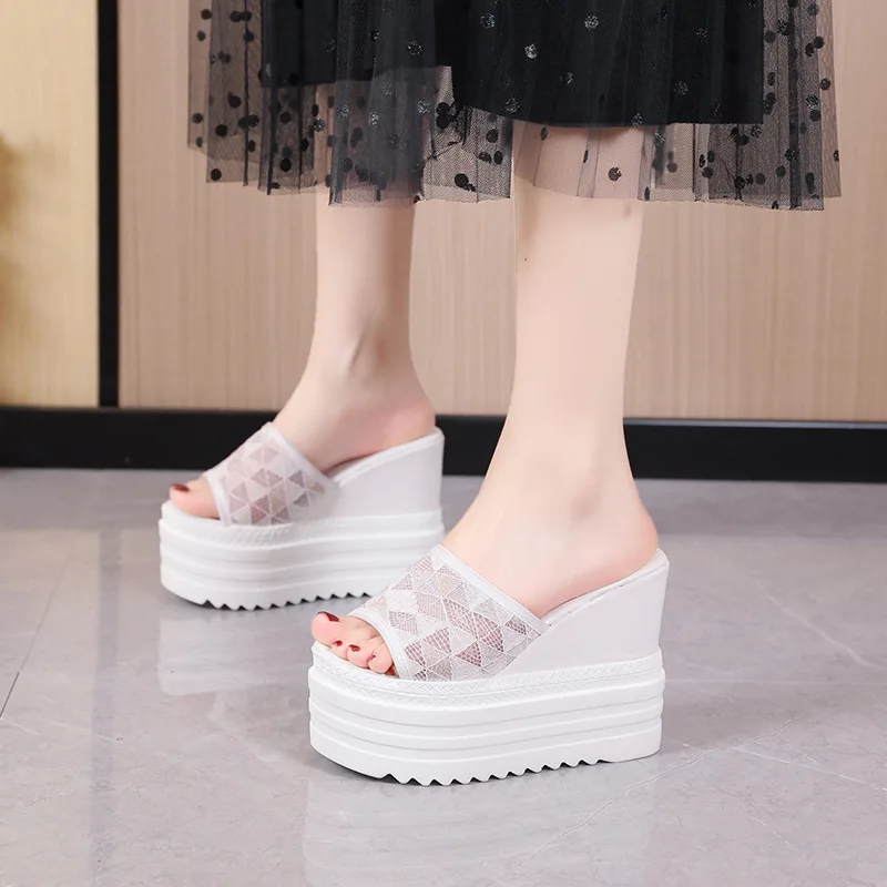 12cm Super High Heels Women Slippers Metain Chain Height Increasing Slides Women Wedding Shoes New Platform Black White Shoes