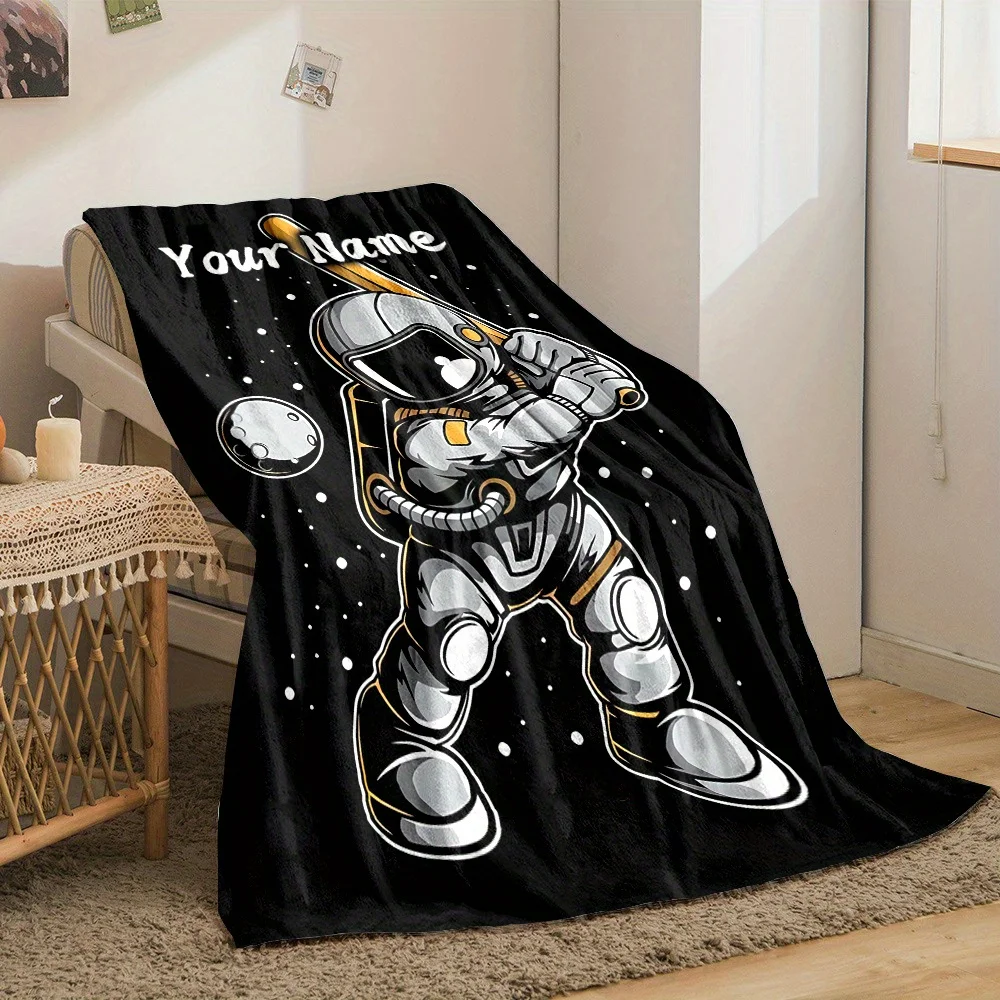 Custom Name Astronaut Baseball Print Flannel Blanket Soft Throw Blanket for Sofa Bed Couch All Season Kids Room Decor