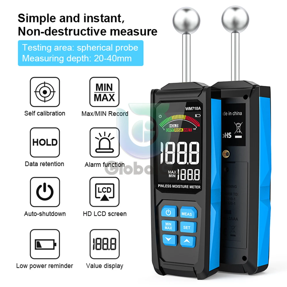 

WM710A Digital Wood Moisture Meter Non-destructive Spherical Hygrometer Record Humidity Auto Detect Wettest Timber Damp Detector