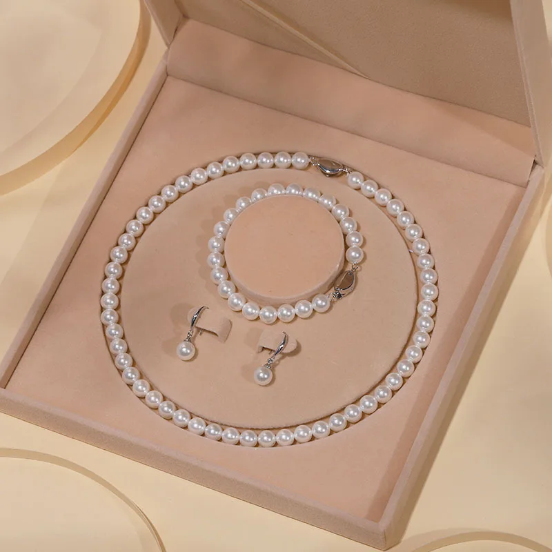

Natural Deep Sea Mother Shell Pearl Necklace Clavicle Chain Jewelry Set Women's Three-piece Mother's Day Gift