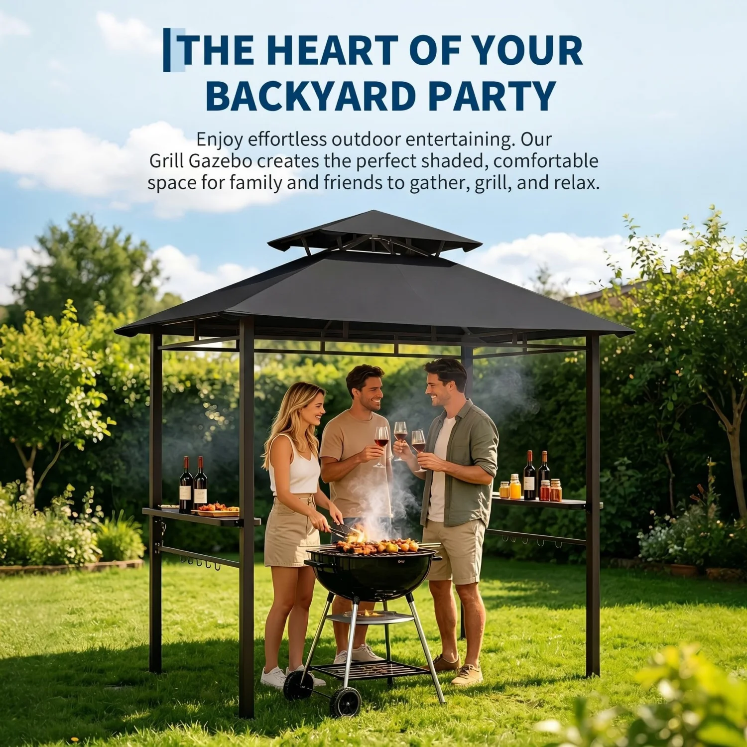 8 x 5 FT Outdoor BBQ Grill Gazebo, Double-Tiered Vented Patio Canopy Tent with 2 Side Shelves,5 Hooks, Bottle Opener and Ground Stakes for Cooking and Outdoor Entertaining
