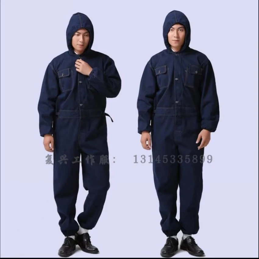 Plus Size Winter Men's Denim Overalls One-piece Hooded Repairman Overcoat Welding Work Clothes Onesies Male Dust-proof Outerwear