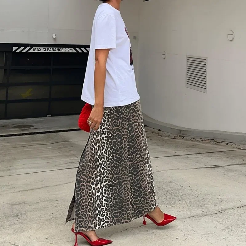 Saia vintage feminina com estampa leopardo, roupas Harajuku Y2k, saia midi de cintura alta, elegante saias longas, moda primavera-verão