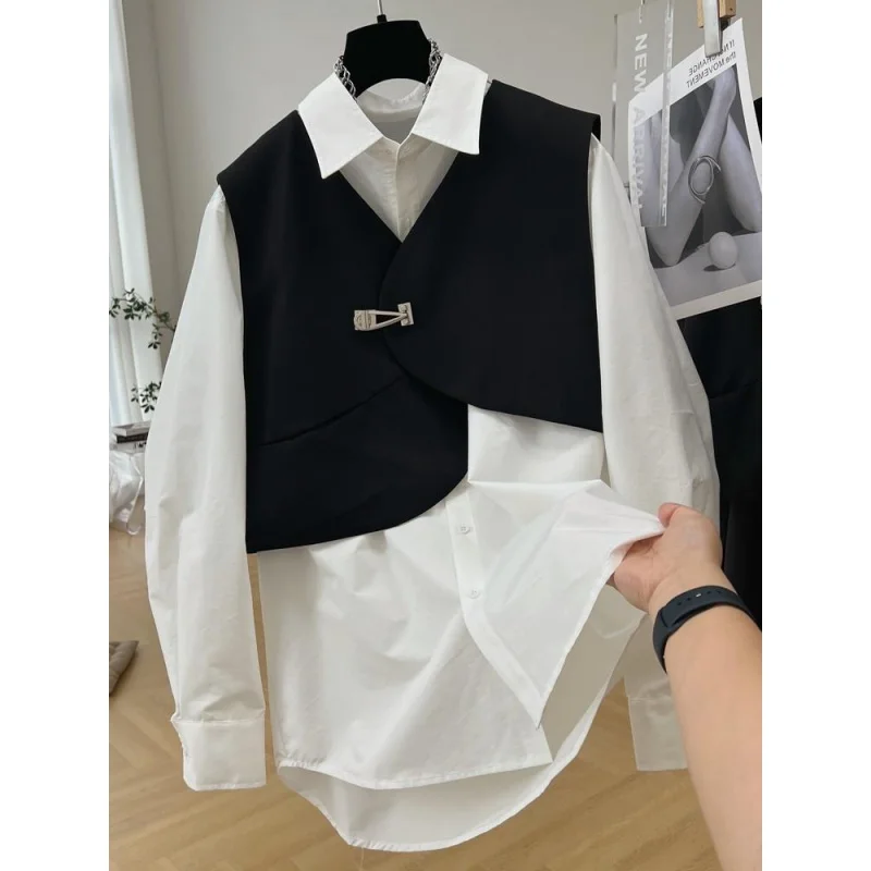 European Goods Niche Vest Vest Two-Piece Set Long-Sleeved Shirt Women\'s Early Autumn Mid-Length French Chic Unique Top