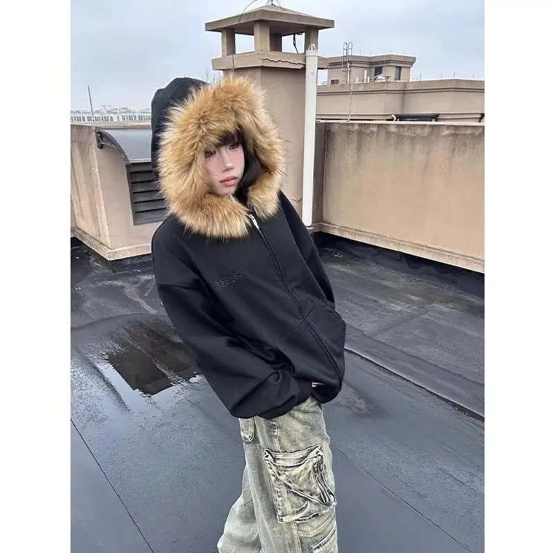 

Retro American Loose Simple Hooded Open Cardigan Sweatirt ex Hong Kong Sle Couple Fur Collar Top Versatile Hoodie