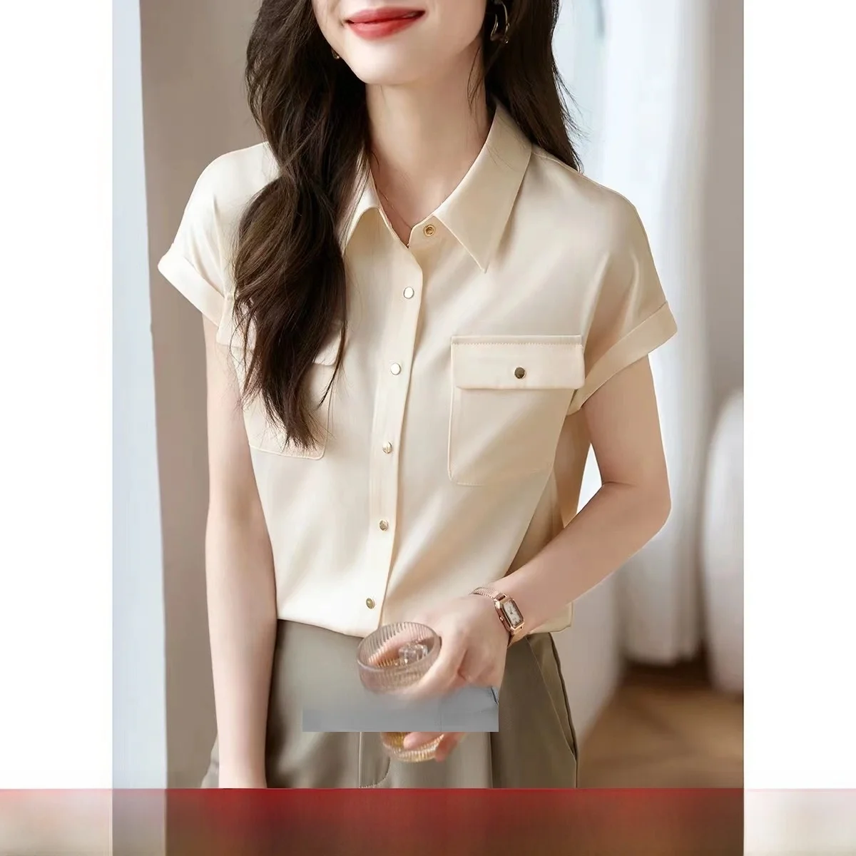 

Удобный аутлет Летний шелковый шифон Повседневный ort Sve irt Женский топ с отложным воротником Прямой крой Sweet Sle Pure C...