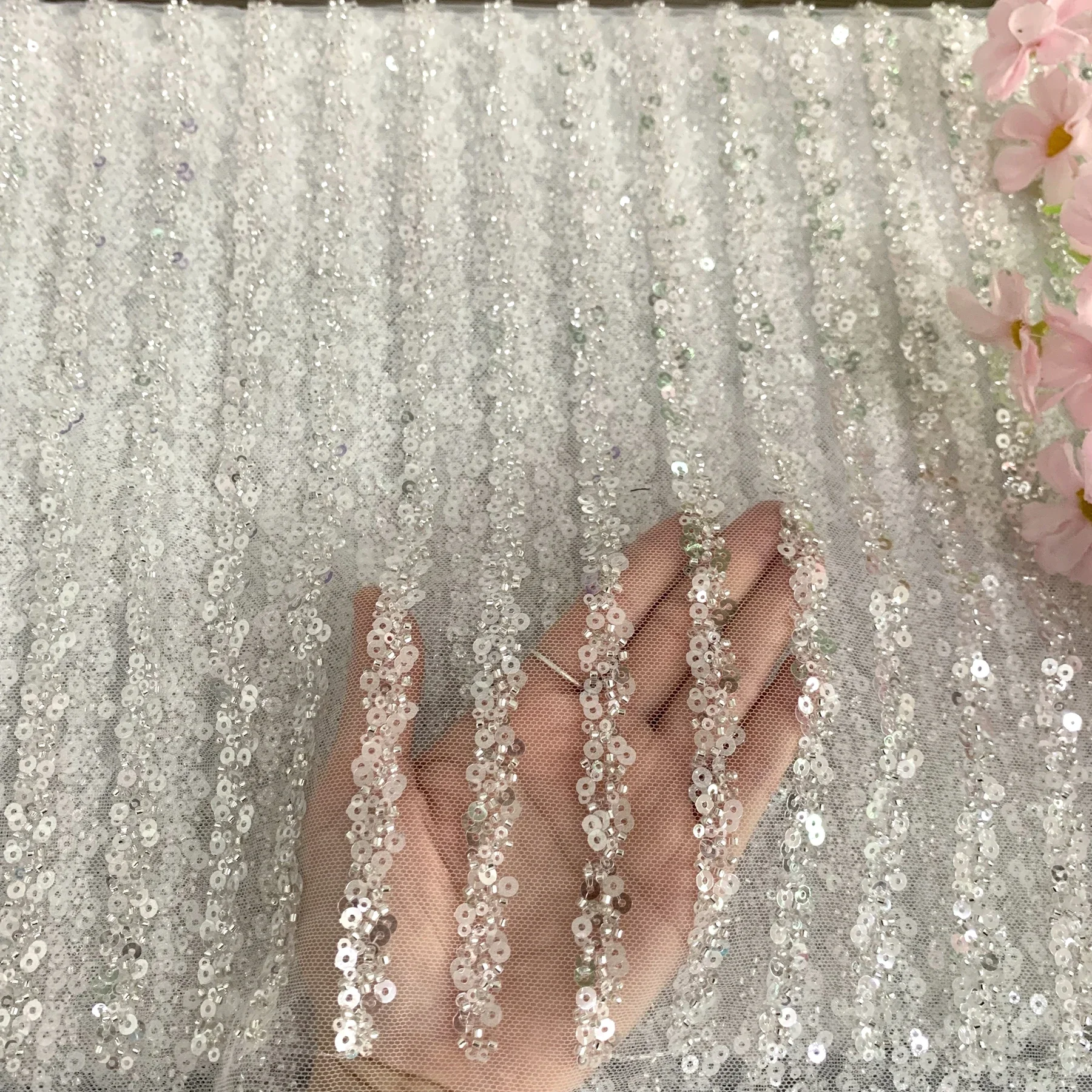 130CM Wide Off White Tulle with Silvery Beads Sequins Beading Dress Lace Fabric Products from Aliexpress 2023 NEW