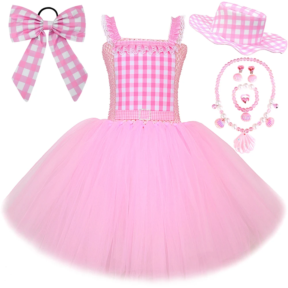 Pink Plaid Fashion Princess Doll Dresses for Girls Birthday Party Costumes Kids Stylish Blonde Doll Party Ballet Tutus Outfit