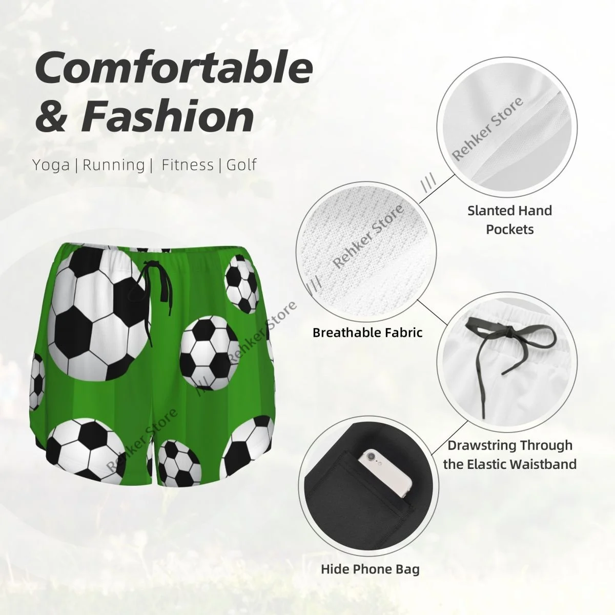 Women's Athletic Shorts Soccer Ball Pattern Running Yoga Fitness Quick-Dry Badminton Training With Pocket