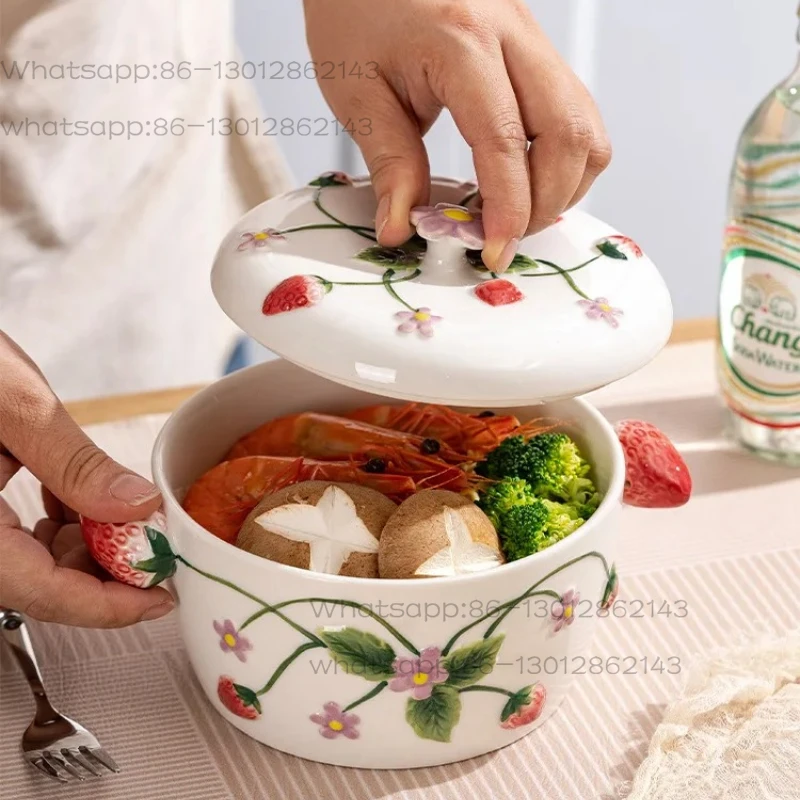 Ceramic Household Binaural Instant Noodle Bowl with Lid High Value Microwave Rice Bowl\