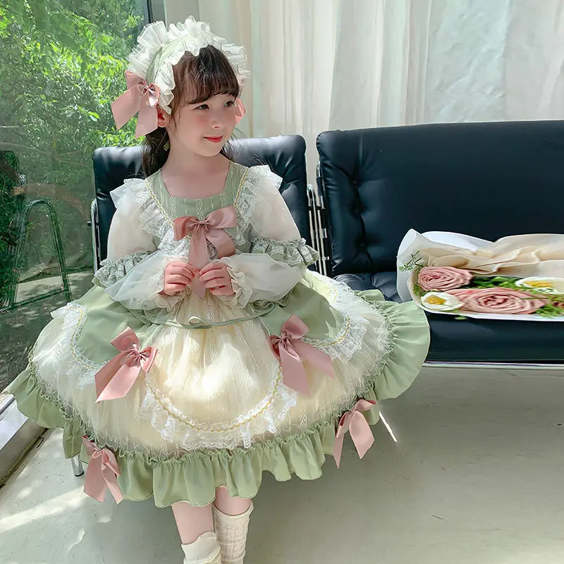 

Girl Green Princess Lolita Dress Bow Decoration Puff Skirt Children's Lace Layered Dress Party Festival Ball Gown Birthday Gift