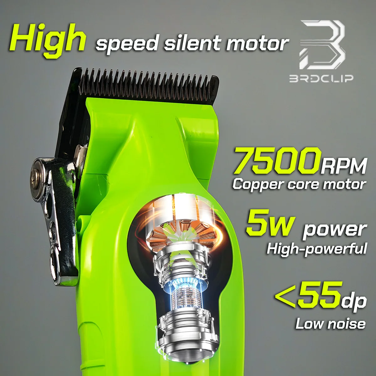 BRDCLIP BRD-FA1C Tagliacapelli ricaricabile con base professionale con lama in acciaio inossidabile DLC verde 7500 giri/min Tagliacapelli per parrucchiere