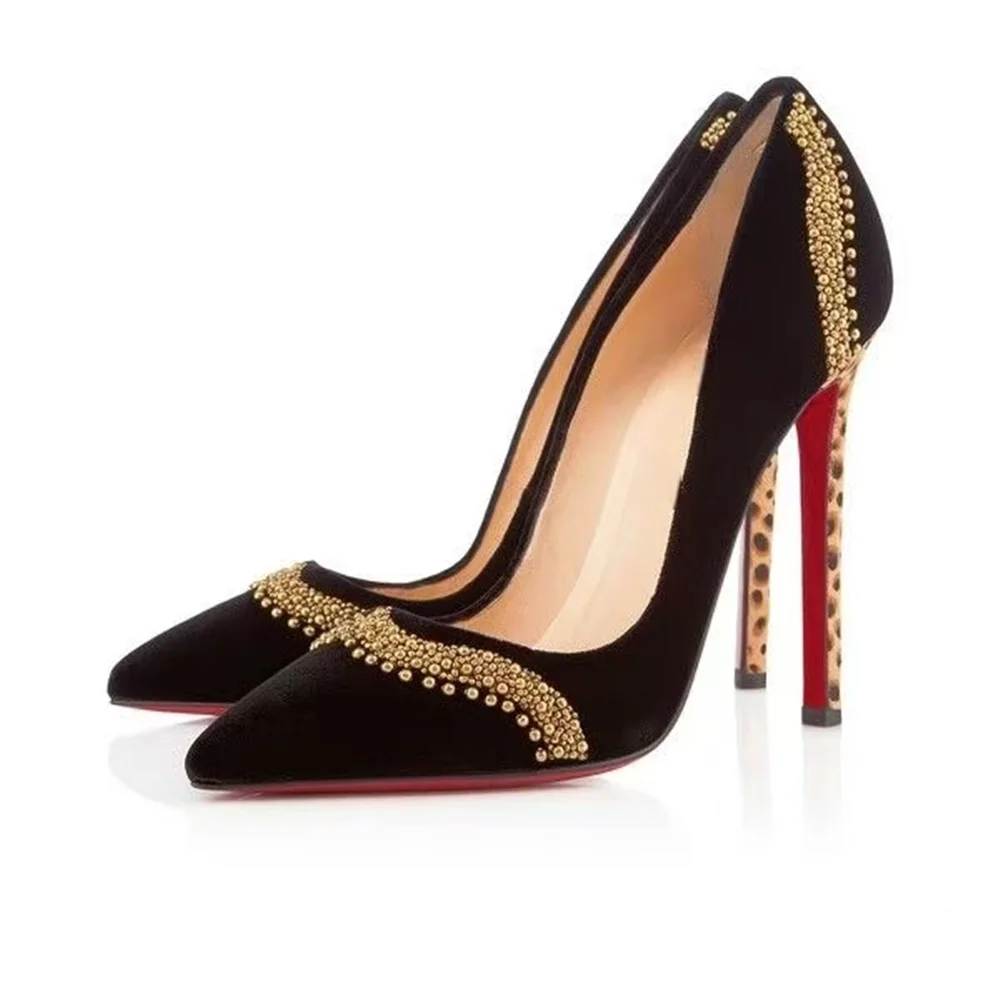 

Sexy Lady Evening Looks Black Velvet Pointed Toe Pumps Stiletto with Leopard Print Heel Gold Rivet Decoration Fashion High Heels