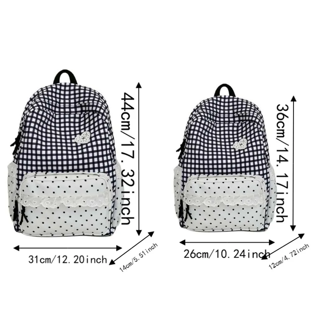 Koreanischer Gingham-Rucksack in Pastellfarben mit Rüschen-Design, Spitzen-Schultasche, verstellbare Träger, gepunkteter Karo-Tagesrucksack für den täglichen Gebrauch und Reisen – Detail 1